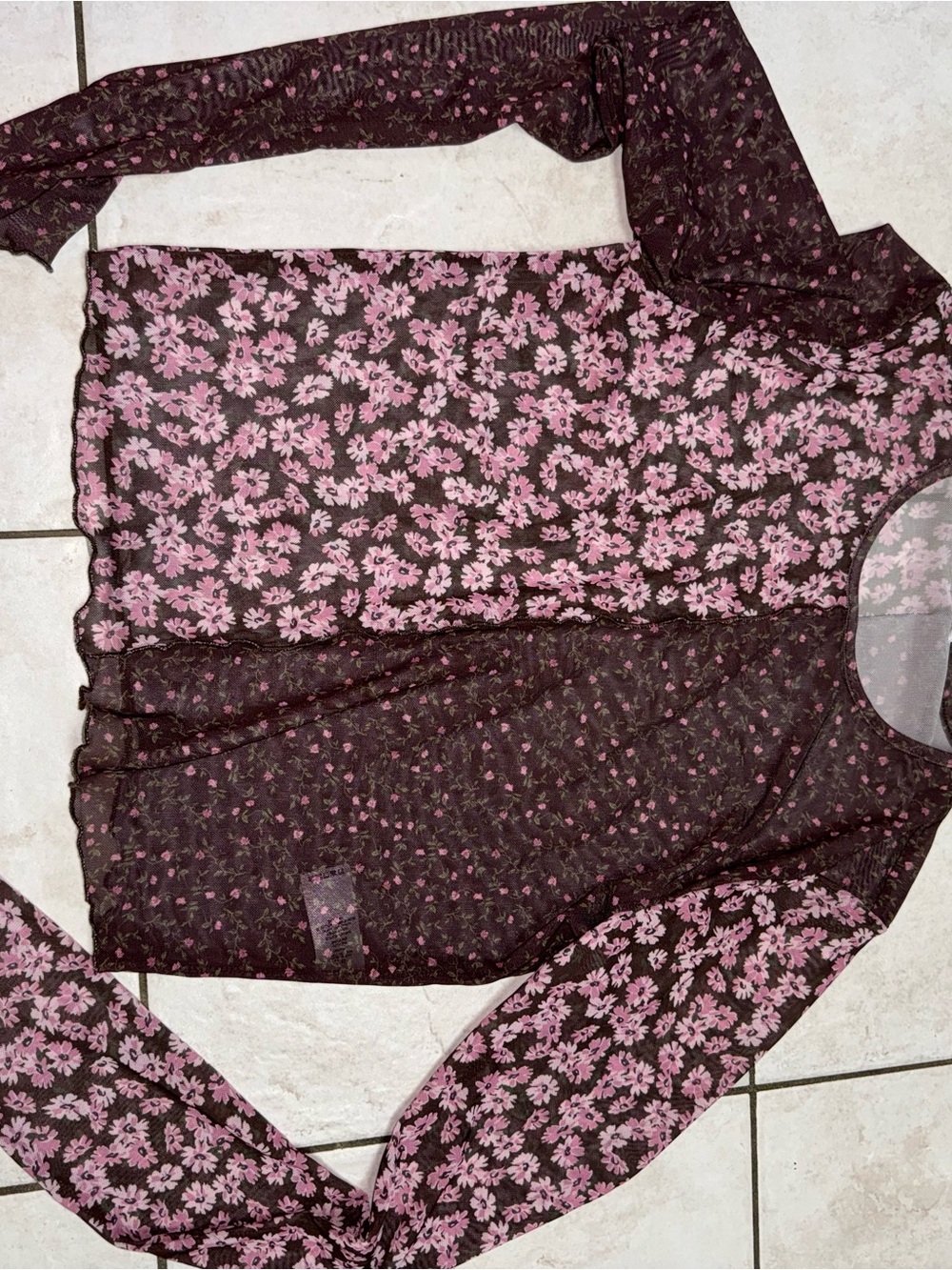 Garage Sheer Floral Mesh Long Sleeve Top in Pink on Dark Brown